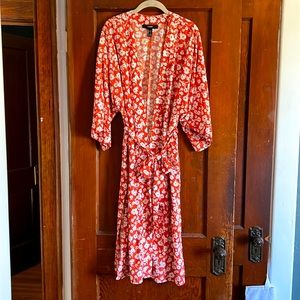 Forever 21 long orange and cream belted floral kimono